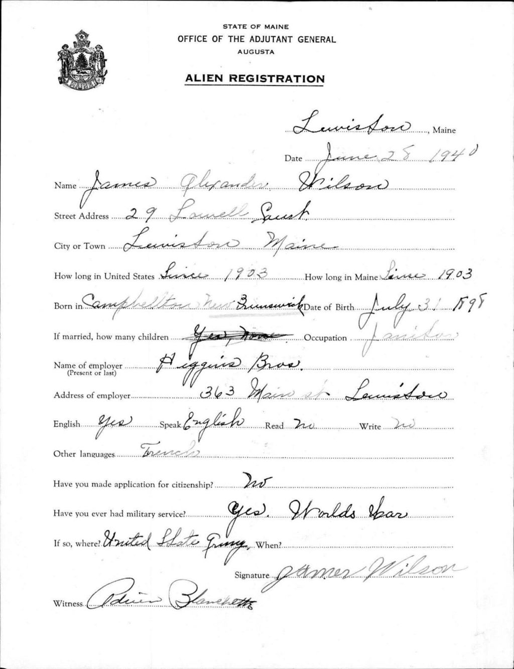 Miniature of Alien Registration- Wilson, James A. (Lewiston, Androscoggin County)