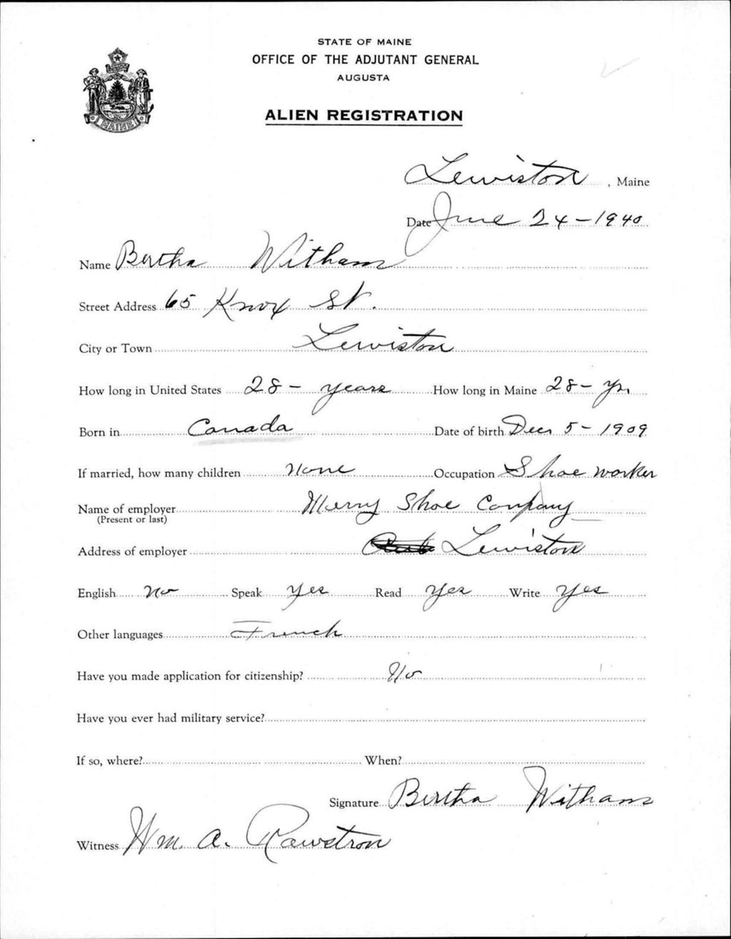 Miniature of Alien Registration- Witham, Bertha (Lewiston, Androscoggin County)