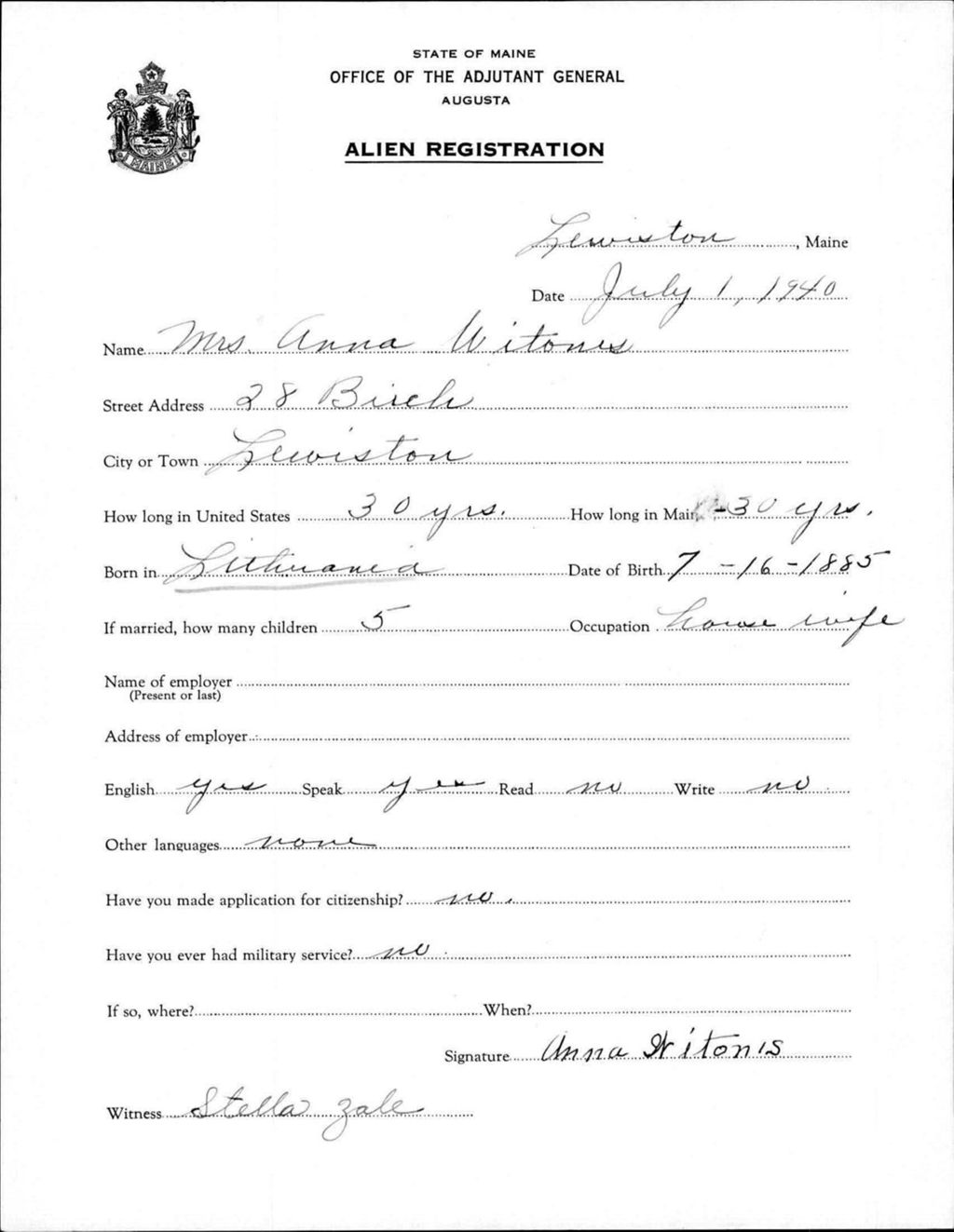Miniature of Alien Registration- Witonis, Anna (Lewiston, Androscoggin County)