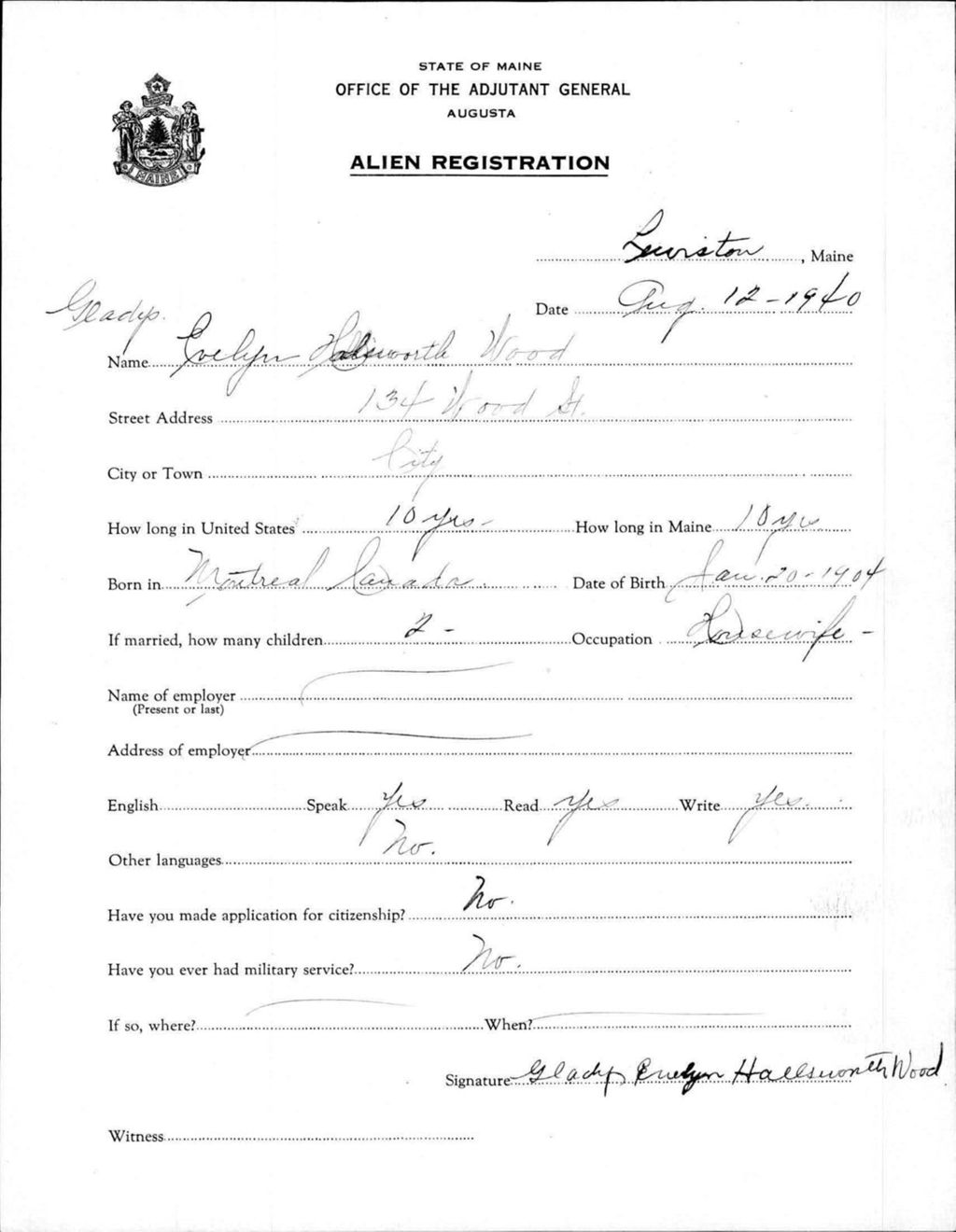 Miniature of Alien Registration- Hallsworth, Gladys E. (Lewiston, Androscoggin County)