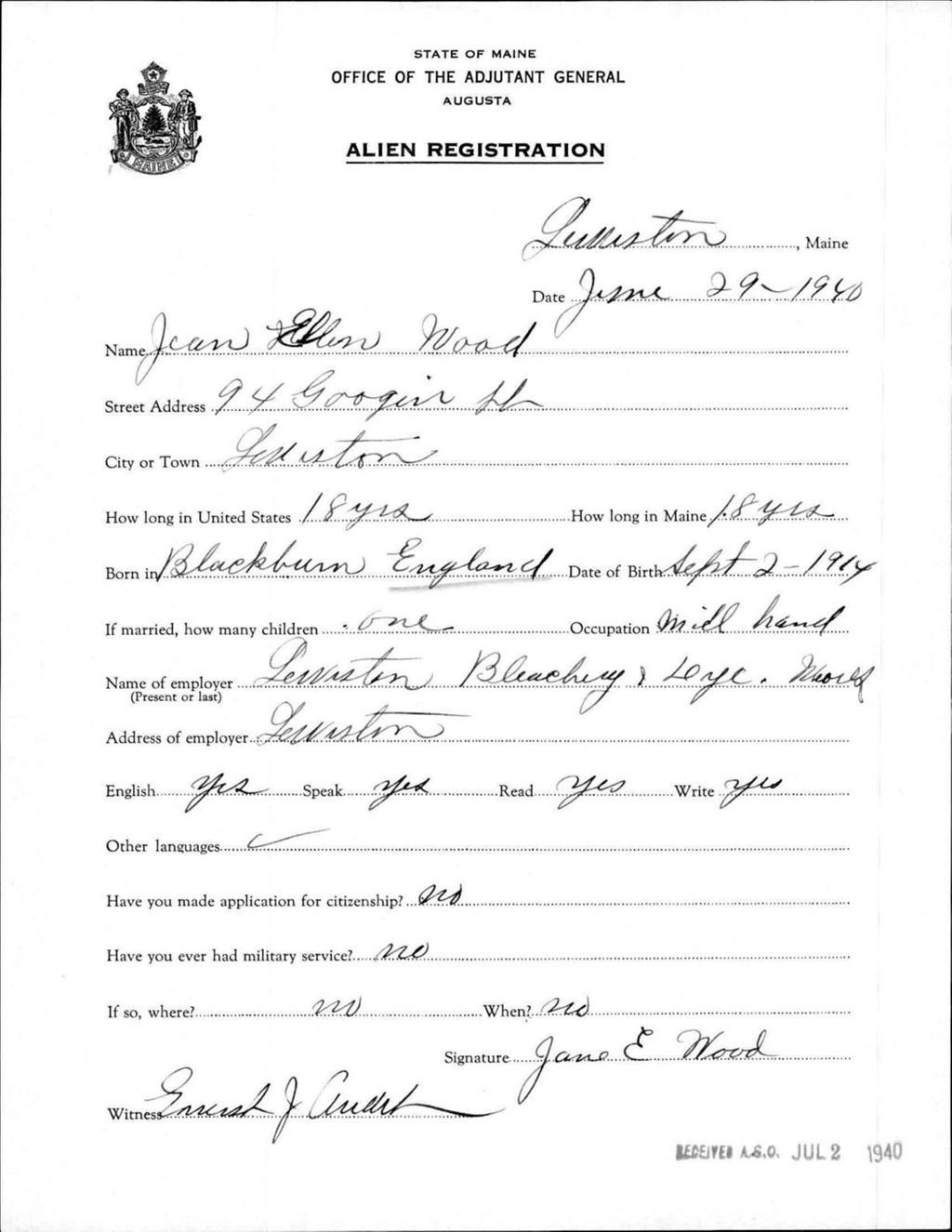 Miniature of Alien Registration- Wood, Jean (Jane) E. (Lewiston, Androscoggin County)