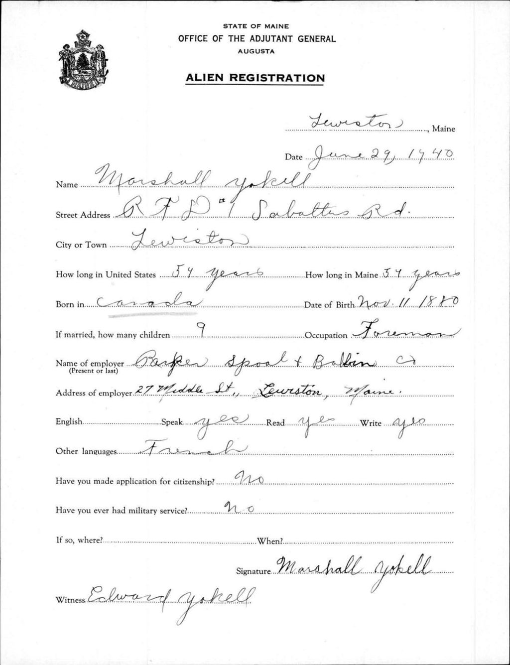 Miniature of Alien Registration- Yokell, Marshall (Lewiston, Androscoggin County)