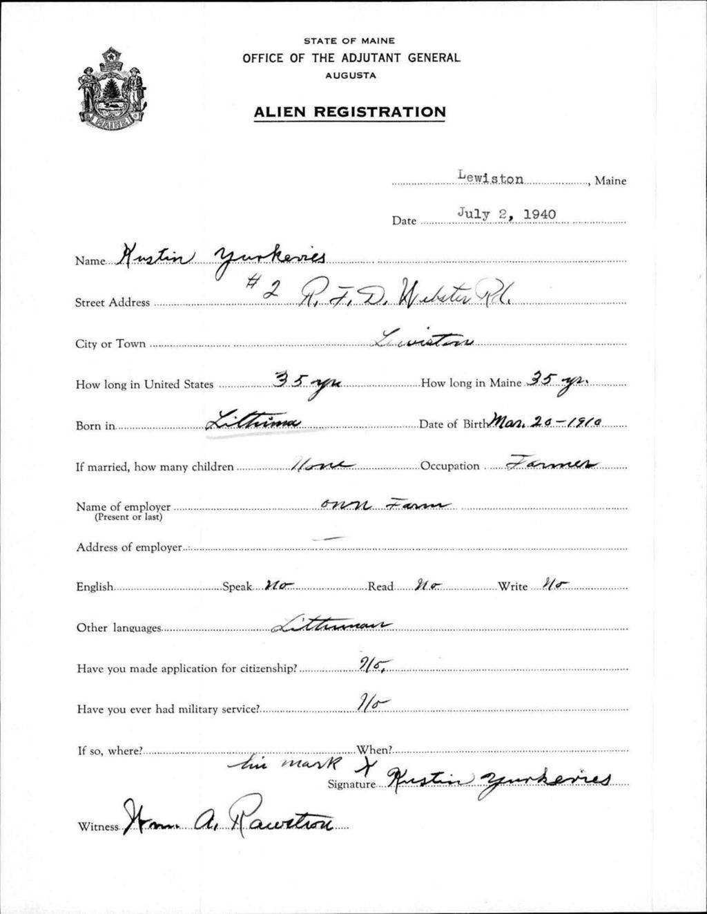 Miniature of Alien Registration- Yourkeris, Kustin (Lewiston, Androscoggin County)