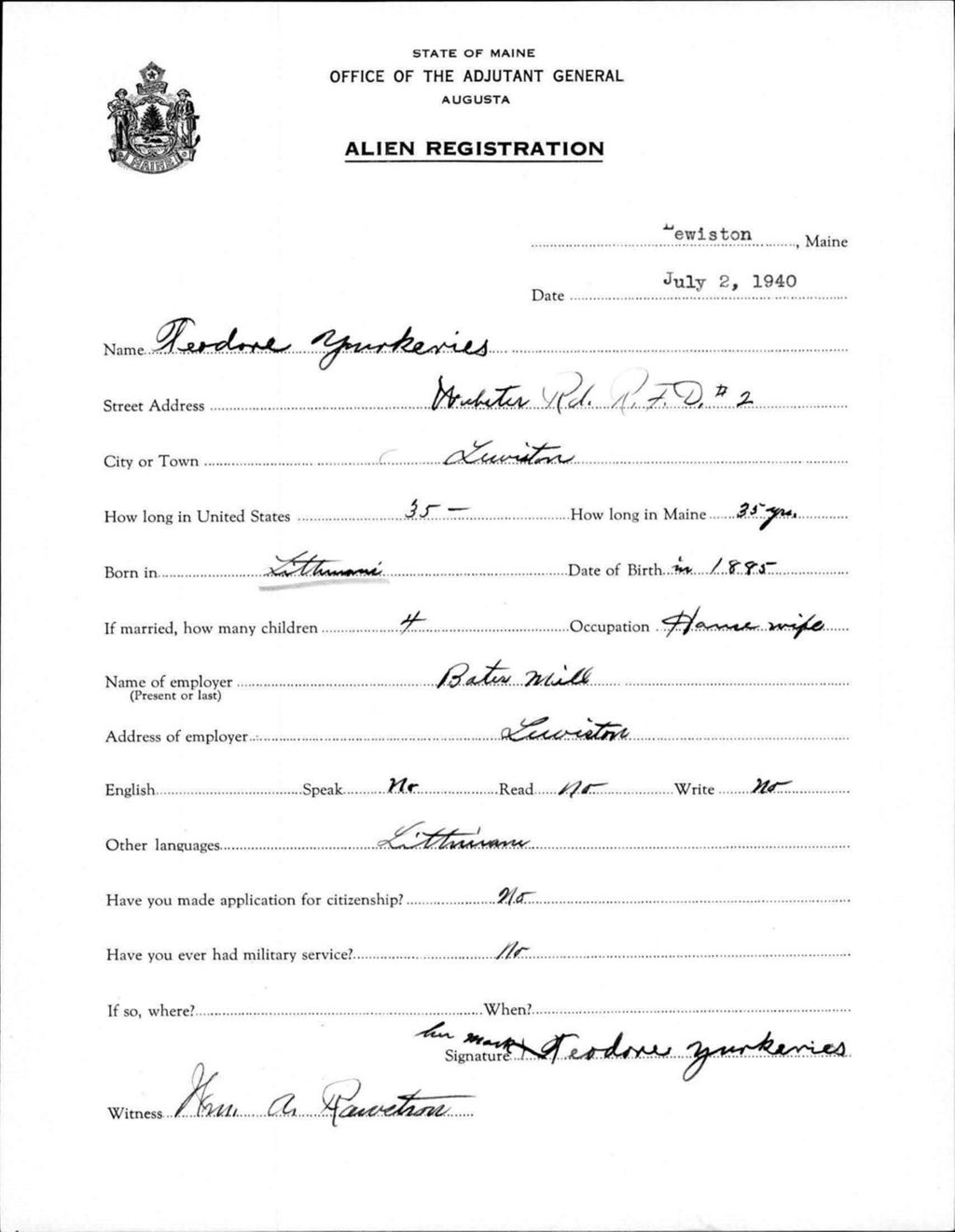 Miniature of Alien Registration- Yourkeris, Teodore (Lewiston, Androscoggin County)