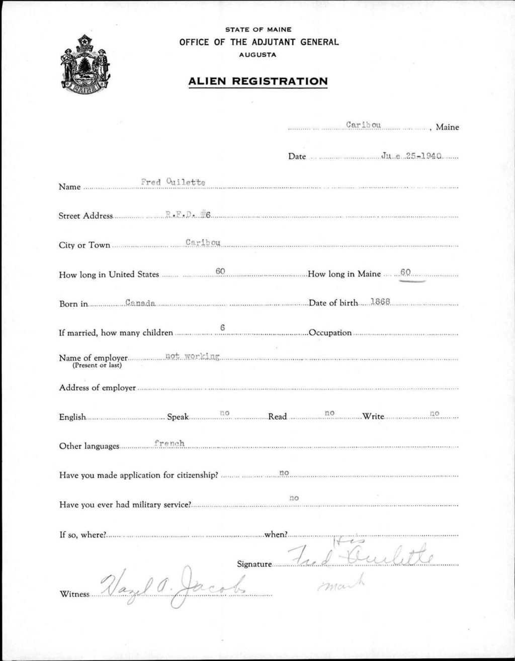 Miniature of Alien Registration- Ouilette, Fred (Caribou, Aroostook County)