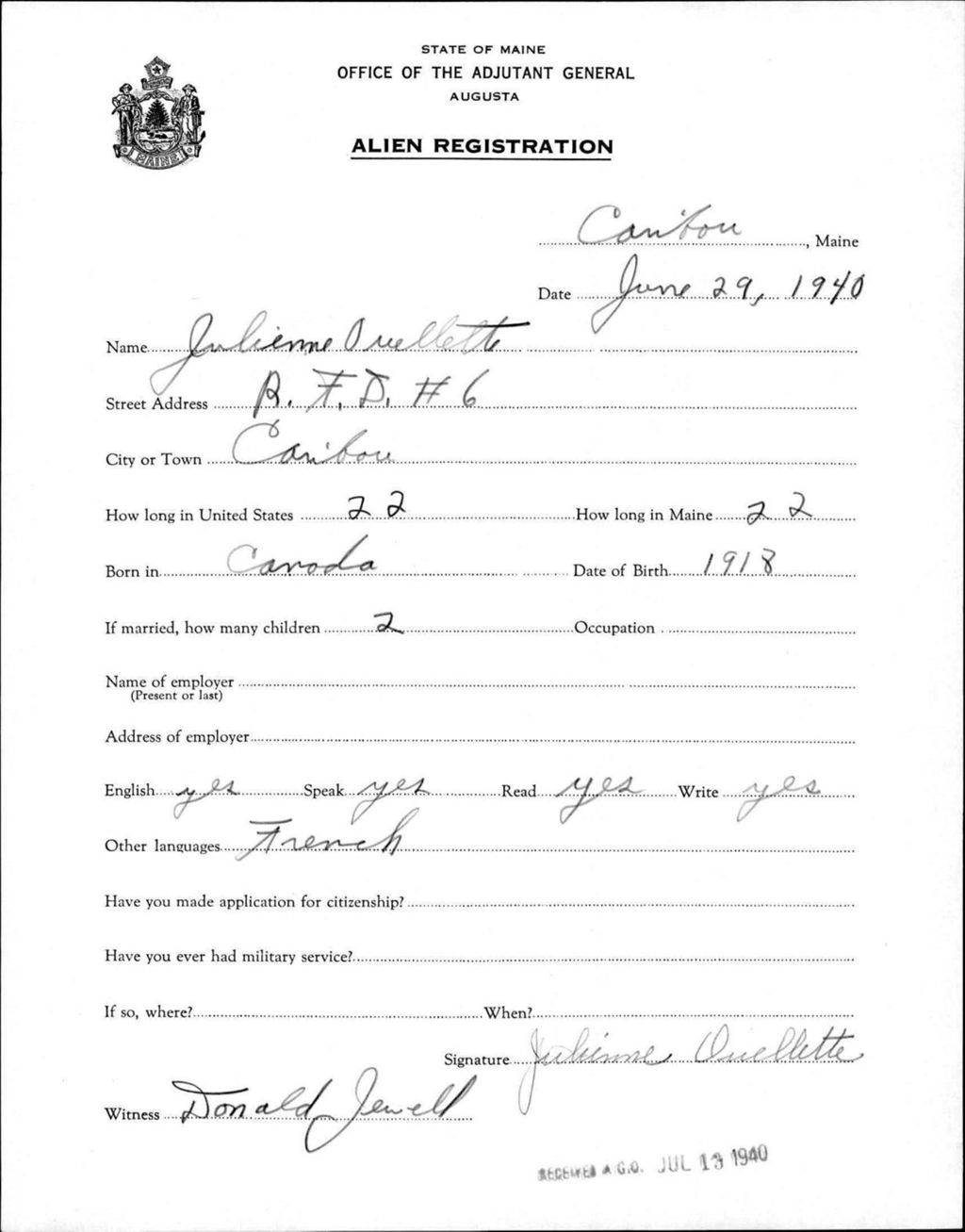 Miniature of Alien Registration- Ouellette, Julienne (Caribou, Aroostook County)