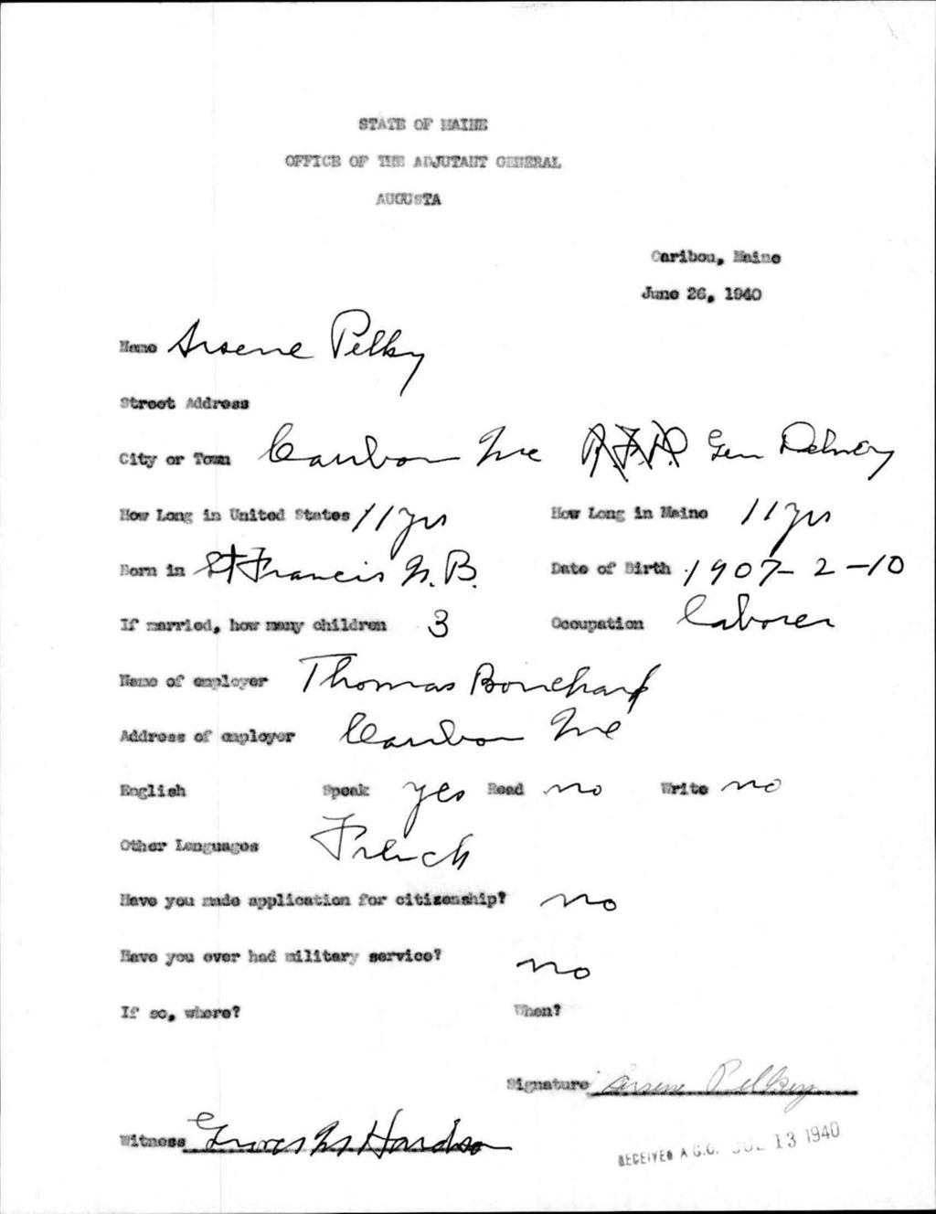 Miniature of Alien Registration- Pelkey, Arsene (Caribou, Aroostook County)