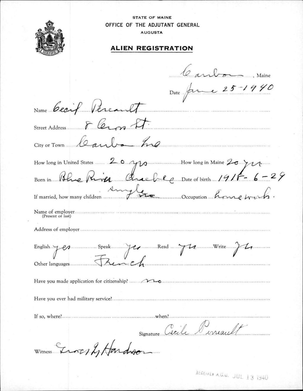 Miniature of Alien Registration- Pereault, Cecil (Caribou, Aroostook County)
