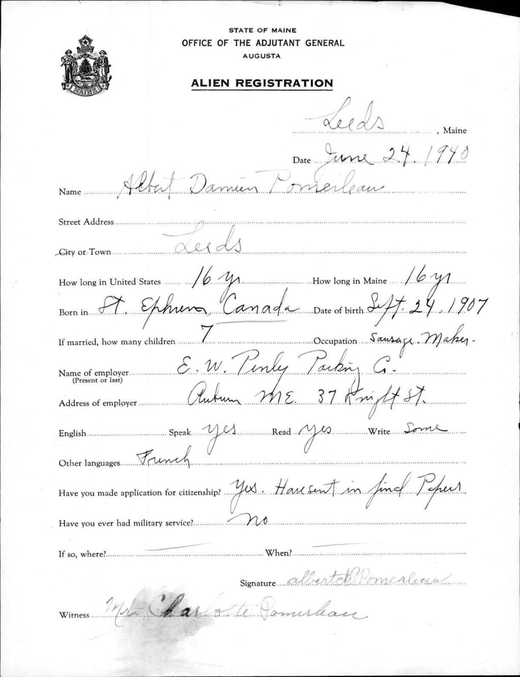 Miniature of Alien Registration- Pomerleau, Albert D. (Leeds, Androscoggin County)
