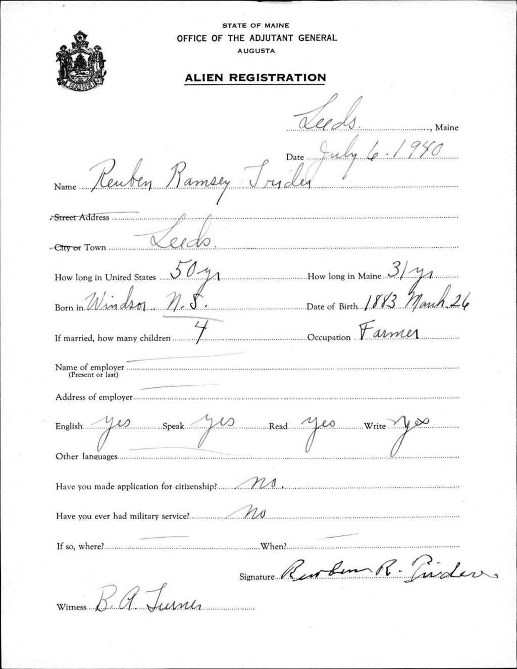 Miniature of Alien Registration- Truder, Reuben R. (Leeds, Androscoggin County)