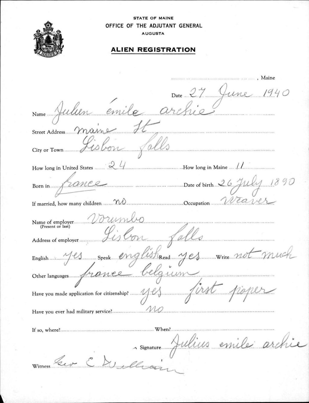 Miniature of Alien Registration- Archie, Julien E. (Lisbon, Androscoggin County)