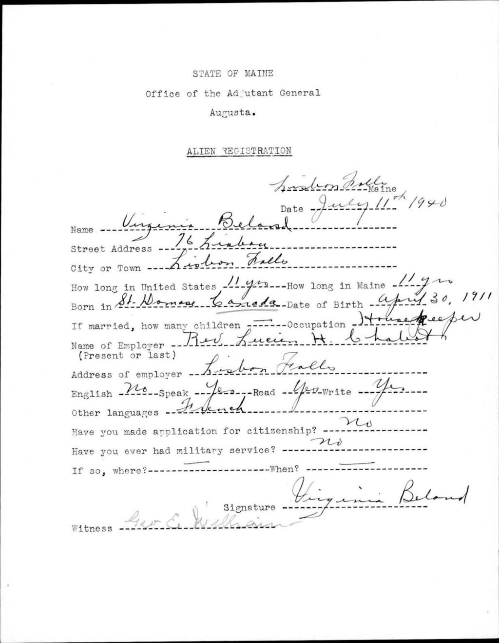 Miniature of Alien Registration- Beland, Virginia (Lewiston, Androscoggin County)