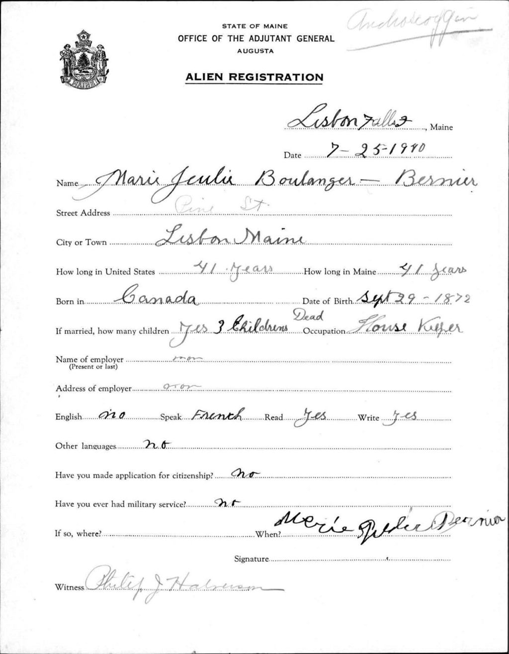 Miniature of Alien Registration- Boulanger, Marie J. (Lewiston, Androscoggin County)