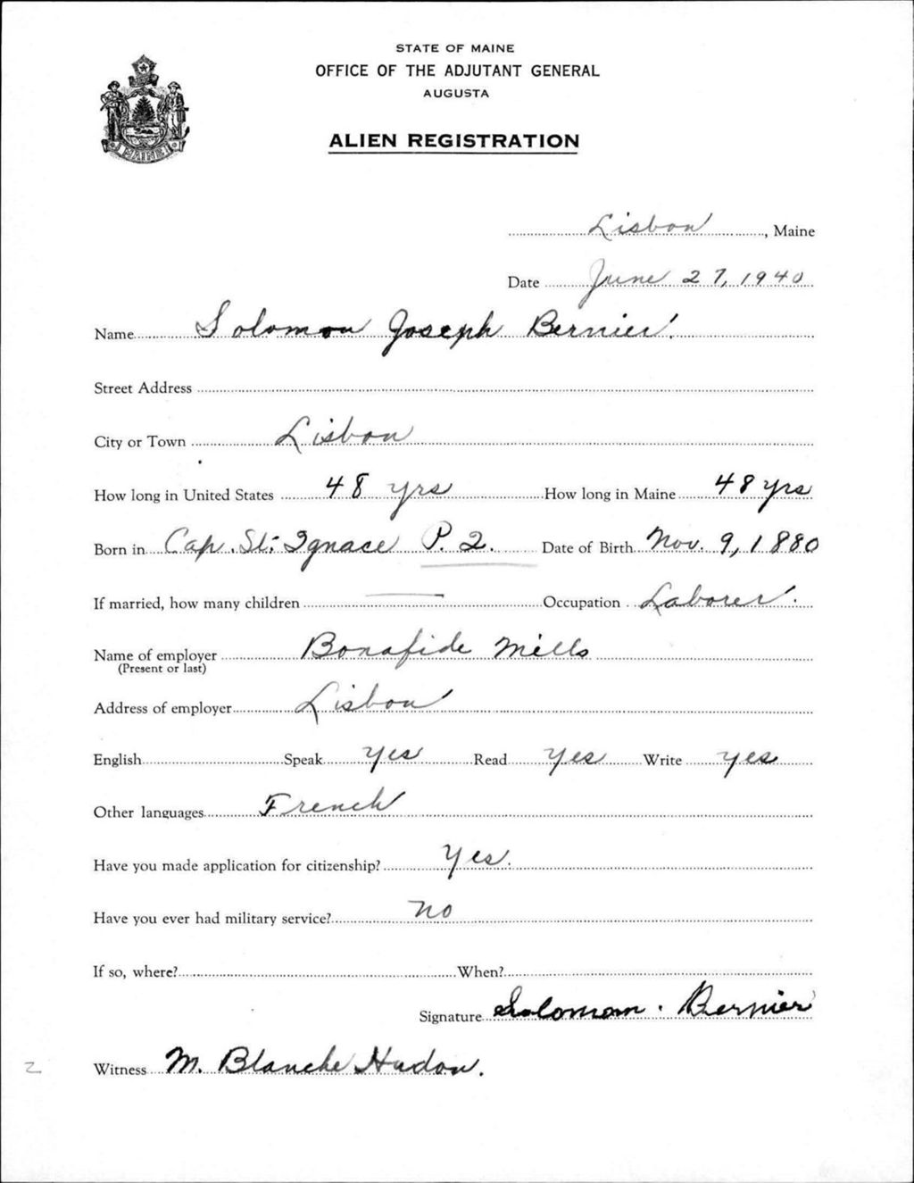 Miniature of Alien Registration- Bernier, Solomon J. (Lewiston, Androscoggin County)