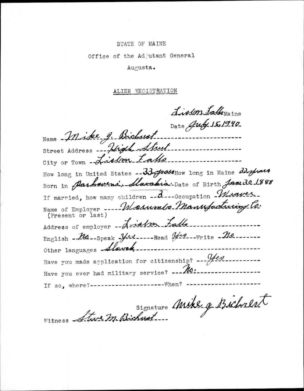 Miniature of Alien Registration- Bichrest, Mike J. (Lewiston, Androscoggin County)