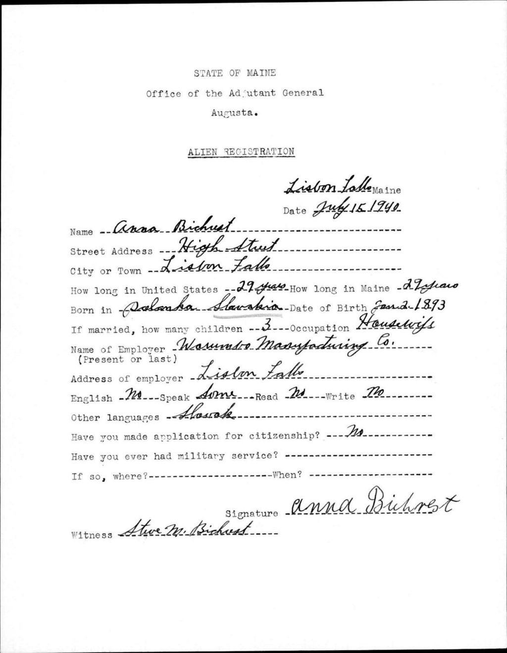 Miniature of Alien Registration- Bichrest, Anna (Lewiston, Androscoggin County)