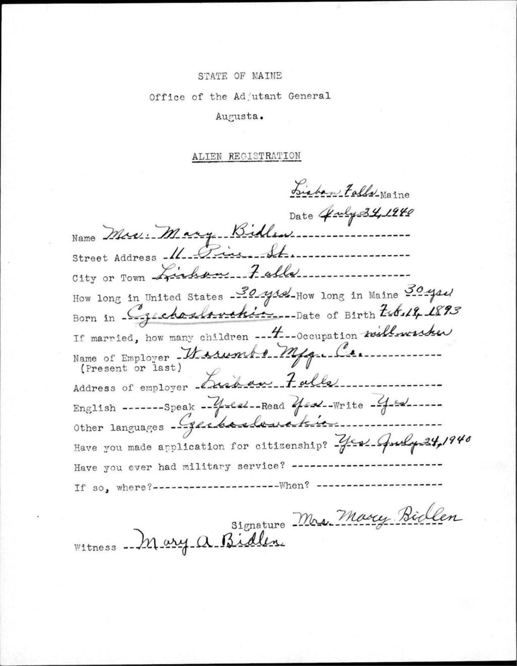 Miniature of Alien Registration- Bidlen, Mary (Lewiston, Androscoggin County)