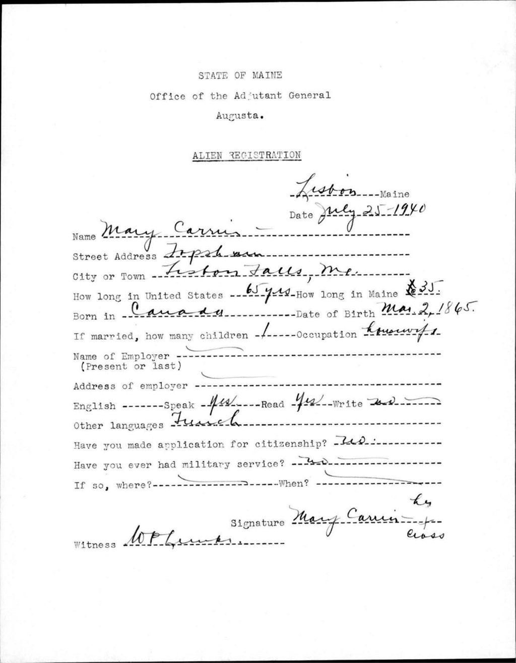 Miniature of Alien Registration- Carrier, Mary (Lewiston, Androscoggin County)