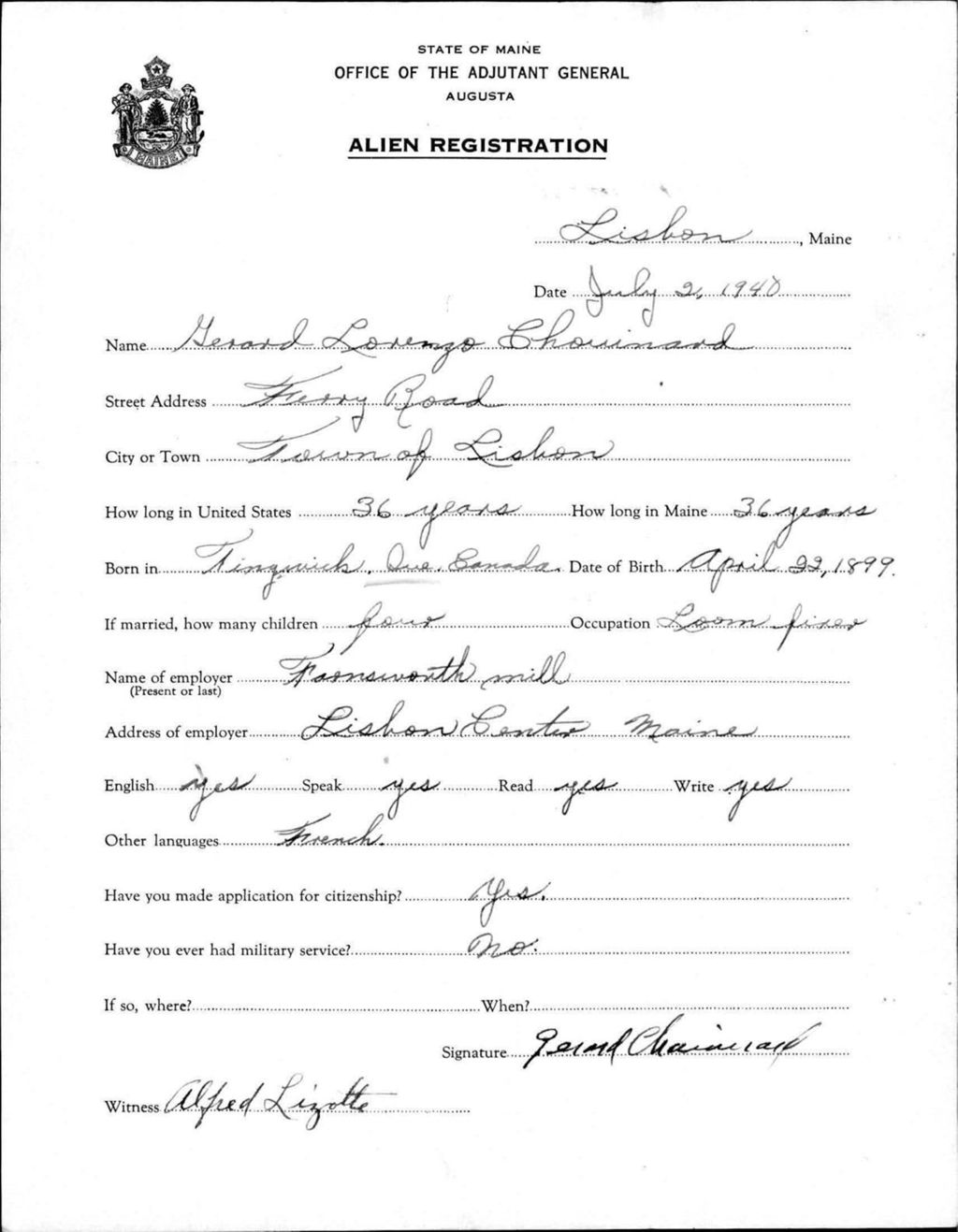 Miniature of Alien Registration- Chouinard, Gerard L. (Lewiston, Androscoggin County)