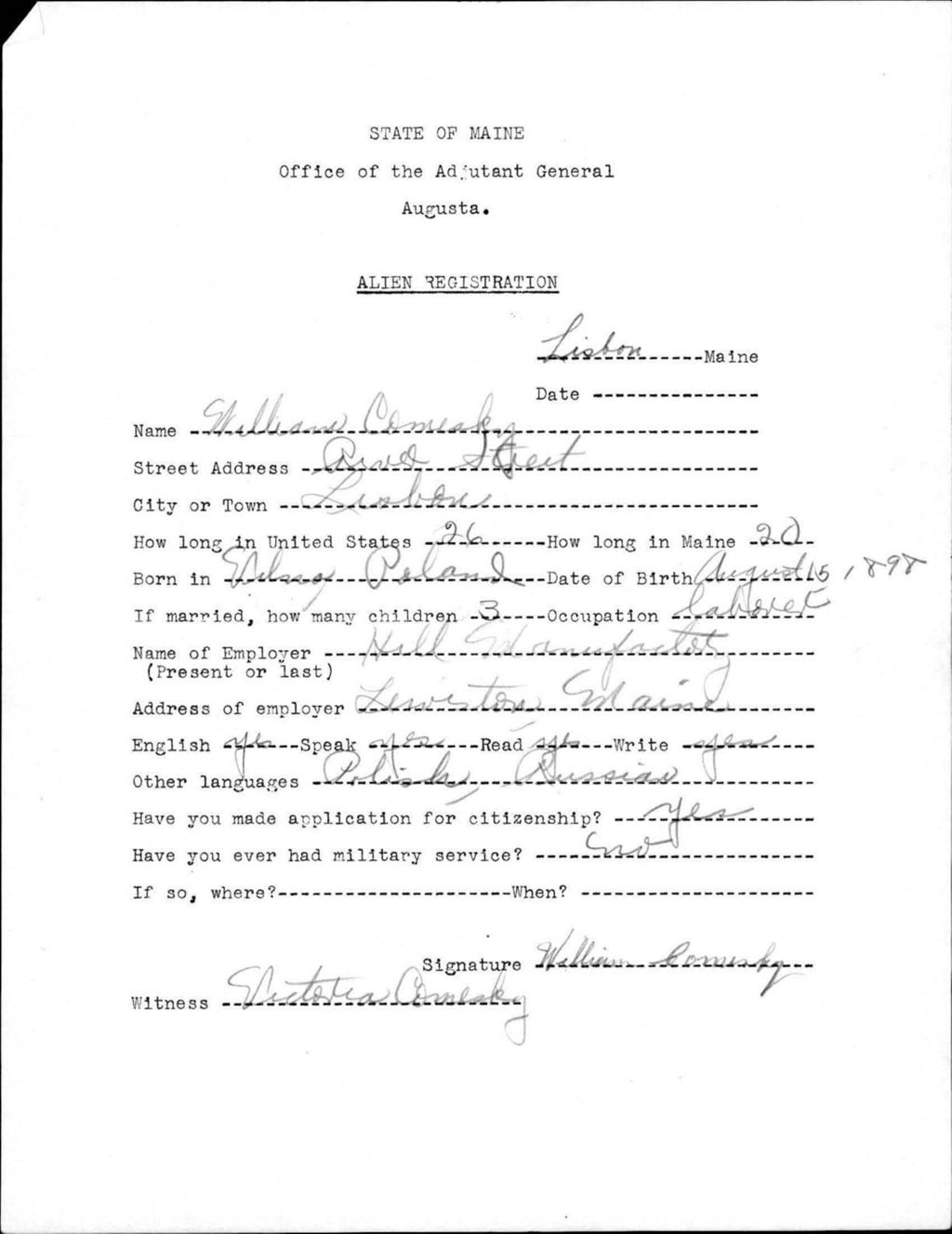 Miniature of Alien Registration- Comesky, William (Lewiston, Androscoggin County)