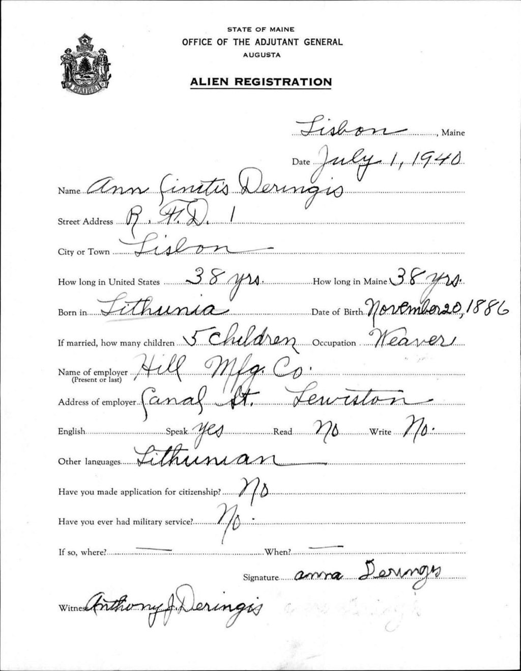 Miniature of Alien Registration- Cinitis, Ann (Lewiston, Androscoggin County)
