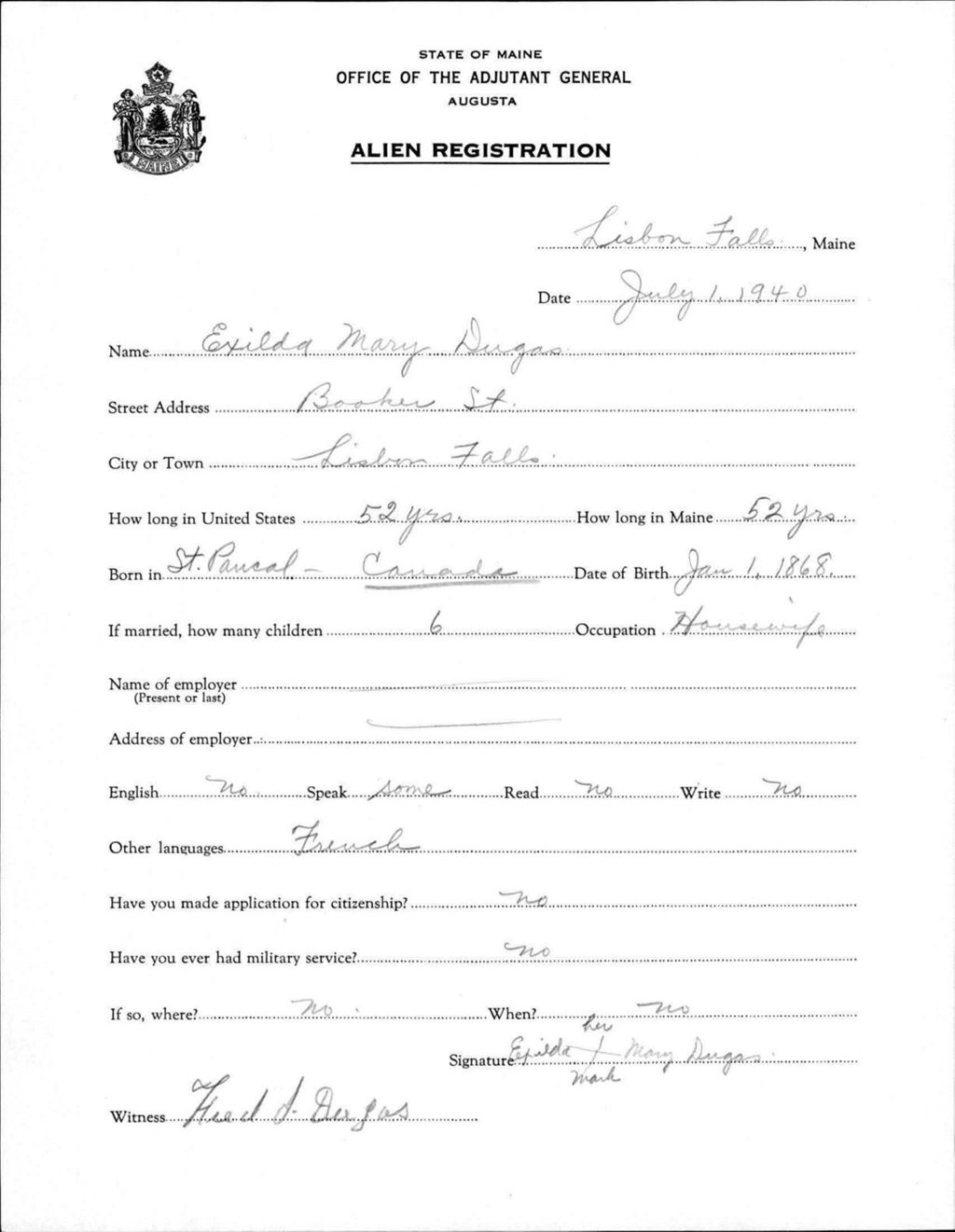Miniature of Alien Registration- Dugas, Exilda M. (Lewiston, Androscoggin County)
