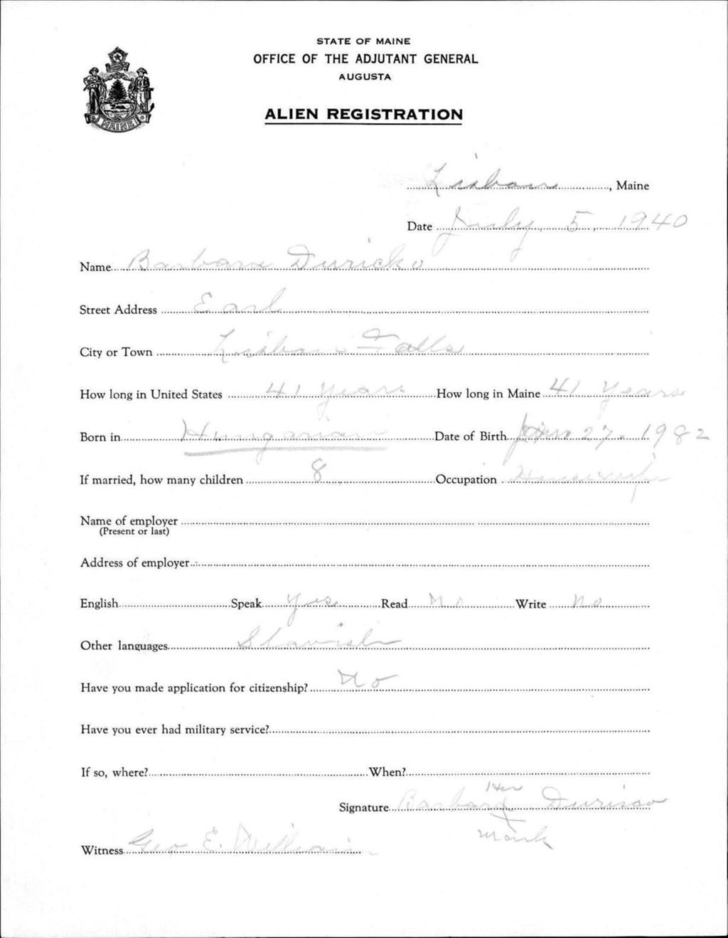 Miniature of Alien Registration- Duricko, Barbara (Lewiston, Androscoggin County)