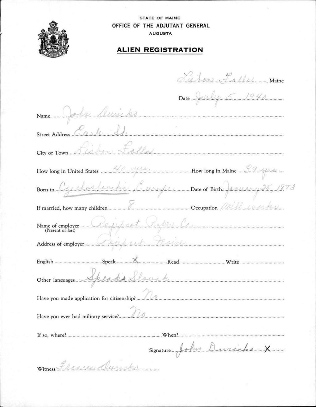 Miniature of Alien Registration- Duricko, John (Lewiston, Androscoggin County)