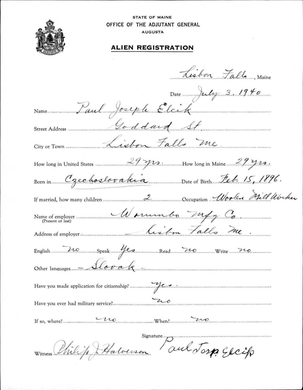 Miniature of Alien Registration- Elcik, Paul J. (Lewiston, Androscoggin County)
