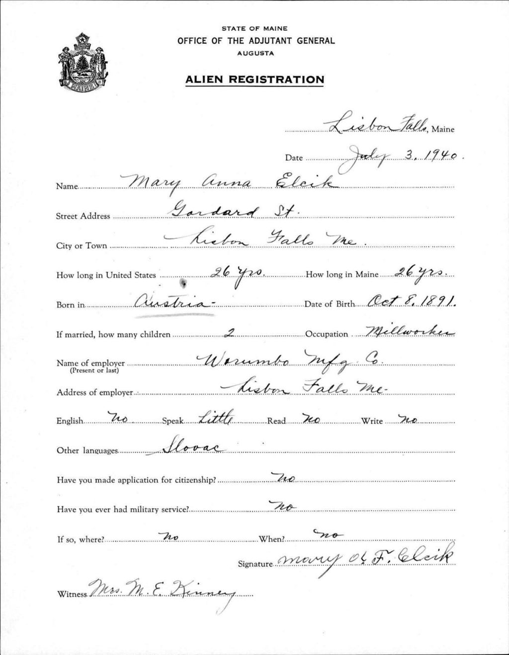 Miniature of Alien Registration- Elcik, Mary Anna (Lewiston, Androscoggin County)