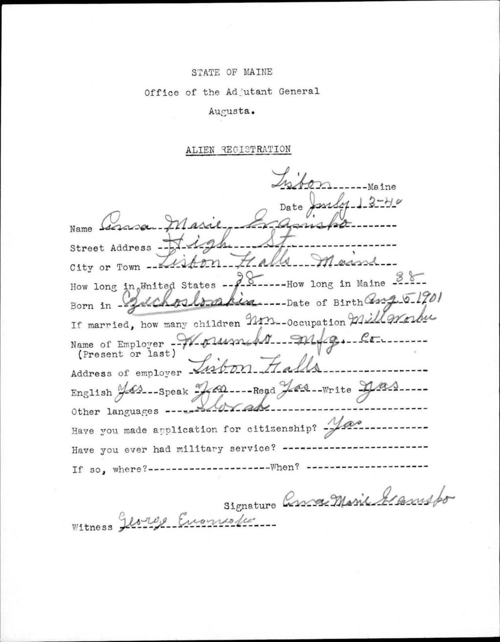 Miniature of Alien Registration- Eranisko, Anna M. (Lewiston, Androscoggin County)