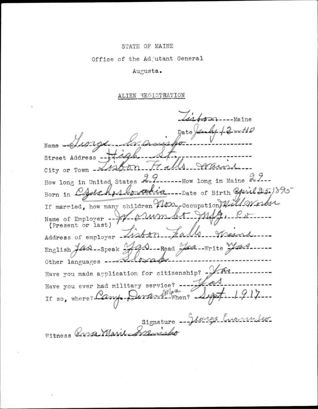 Miniature of Alien Registration- Eranisko, George (Lewiston, Androscoggin County)