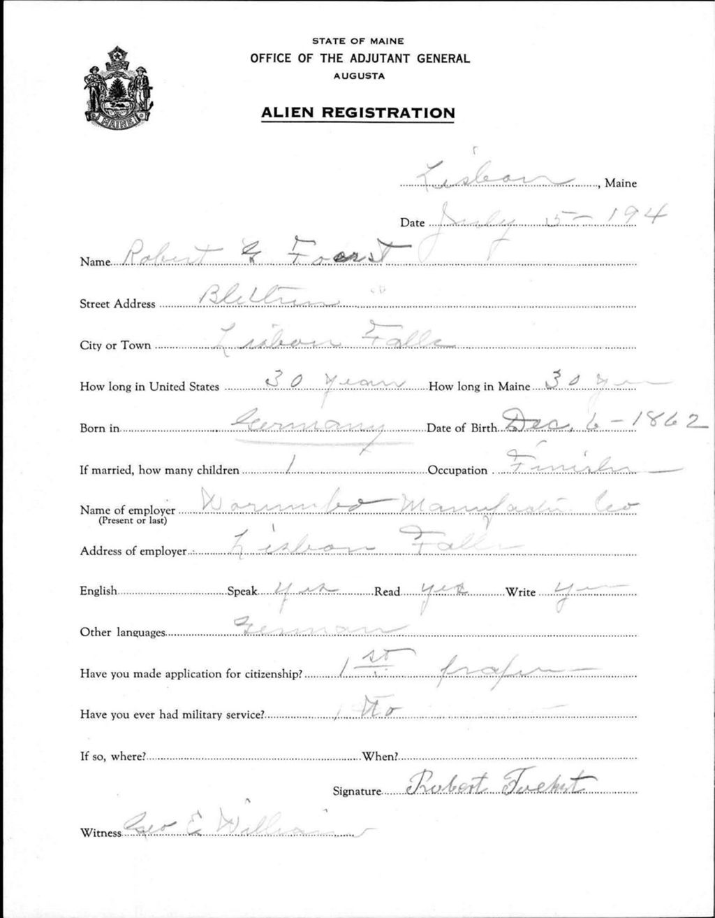 Miniature of Alien Registration- Forest, Robert G. (Lewiston, Androscoggin County)