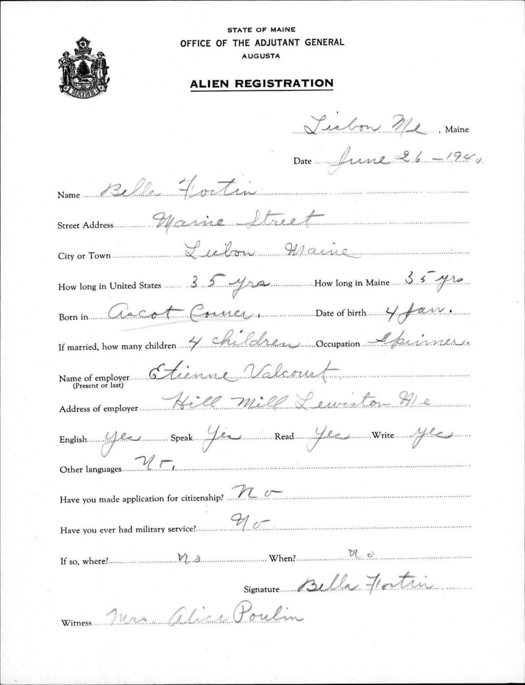 Miniature of Alien Registration- Fortin, Bella (Lewiston, Androscoggin County)