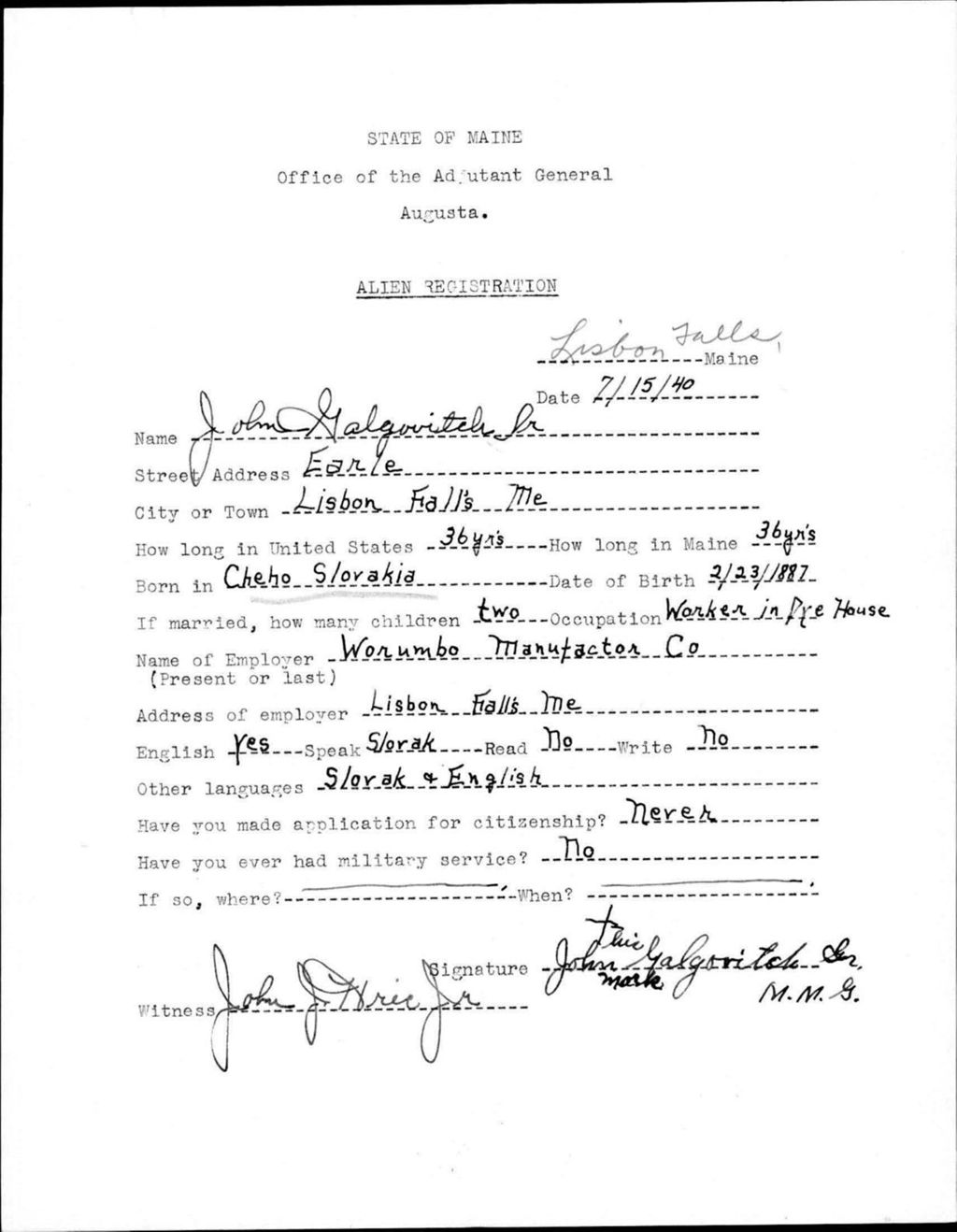 Miniature of Alien Registration- Galgovitch, John, Sr. (Lewiston, Androscoggin County)