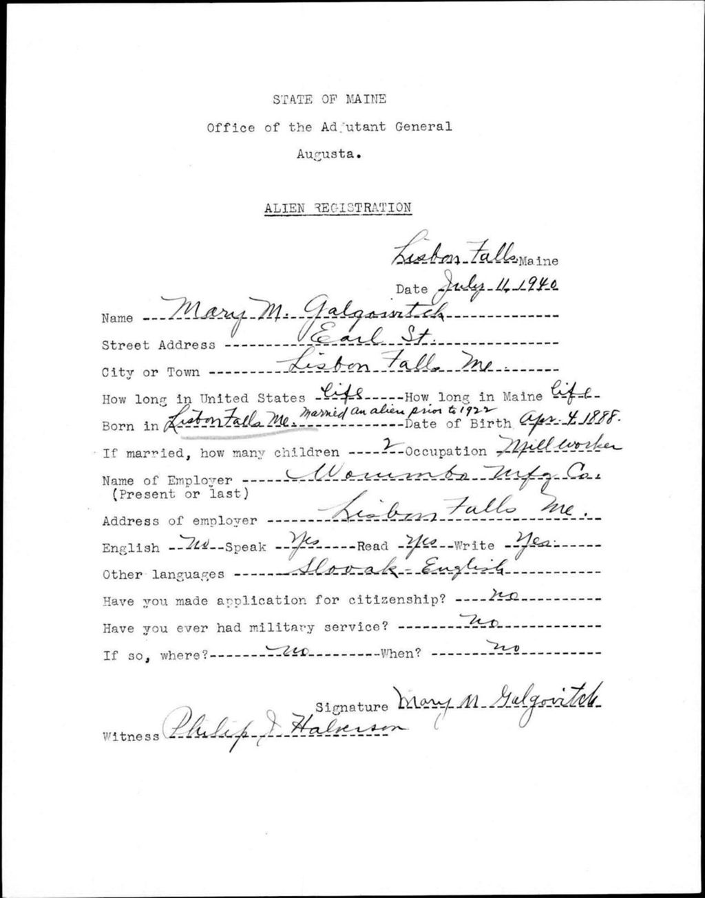 Miniature of Alien Registration- Galgovitch, Mary M. (Lewiston, Androscoggin County)