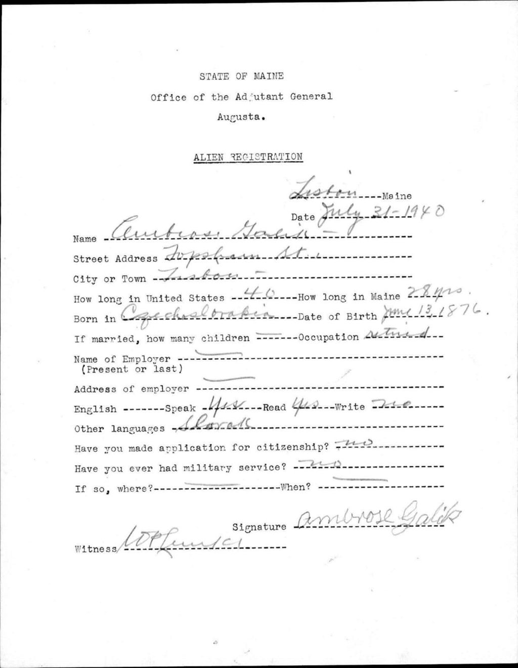 Miniature of Alien Registration- Golik, Ambrose (Lewiston, Androscoggin County)