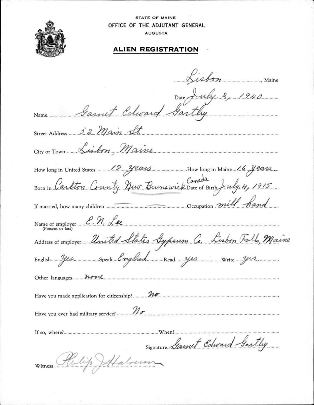 Miniature of Alien Registration- Gartley, Garnet E. (Lewiston, Androscoggin County)