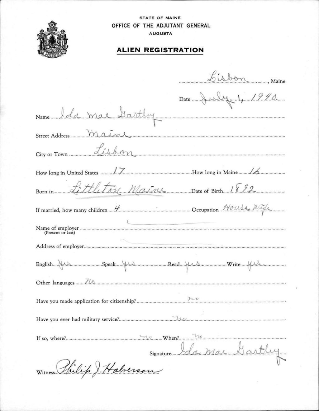 Miniature of Alien Registration- Gartley, Ida M. (Lewiston, Androscoggin County)