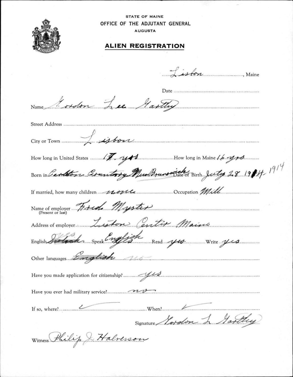 Miniature of Alien Registration- Gartley, Gordon L. (Lewiston, Androscoggin County)