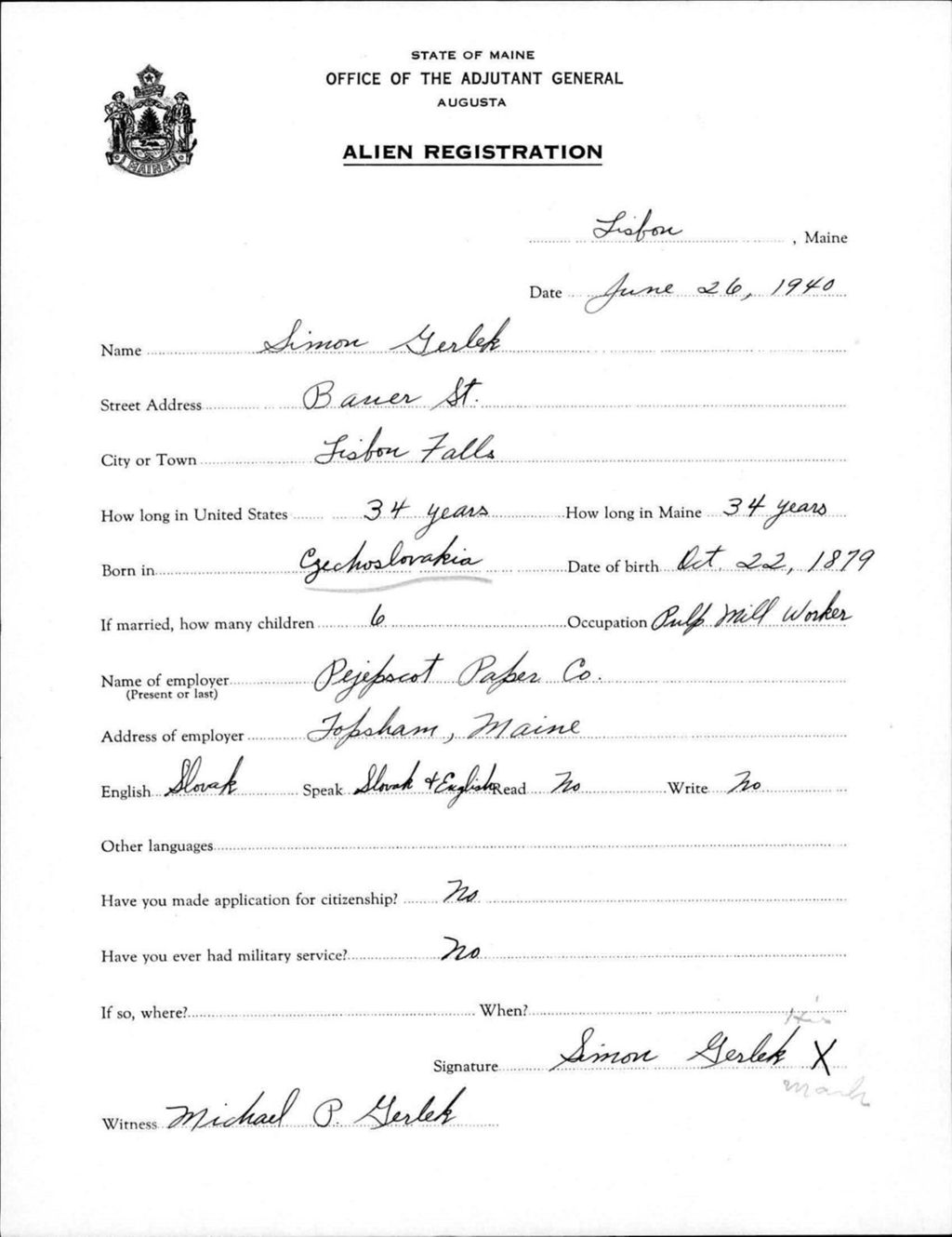 Miniature of Alien Registration- Gerlek, Simon (Lewiston, Androscoggin County)