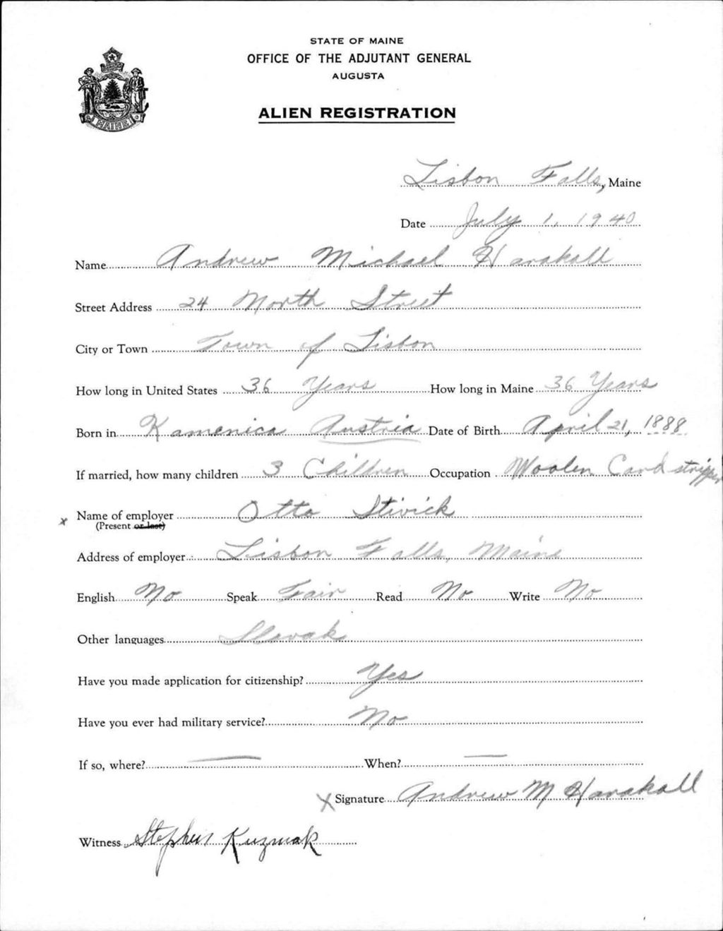 Miniature of Alien Registration- Harakall, Andrew M. (Lewiston, Androscoggin County)