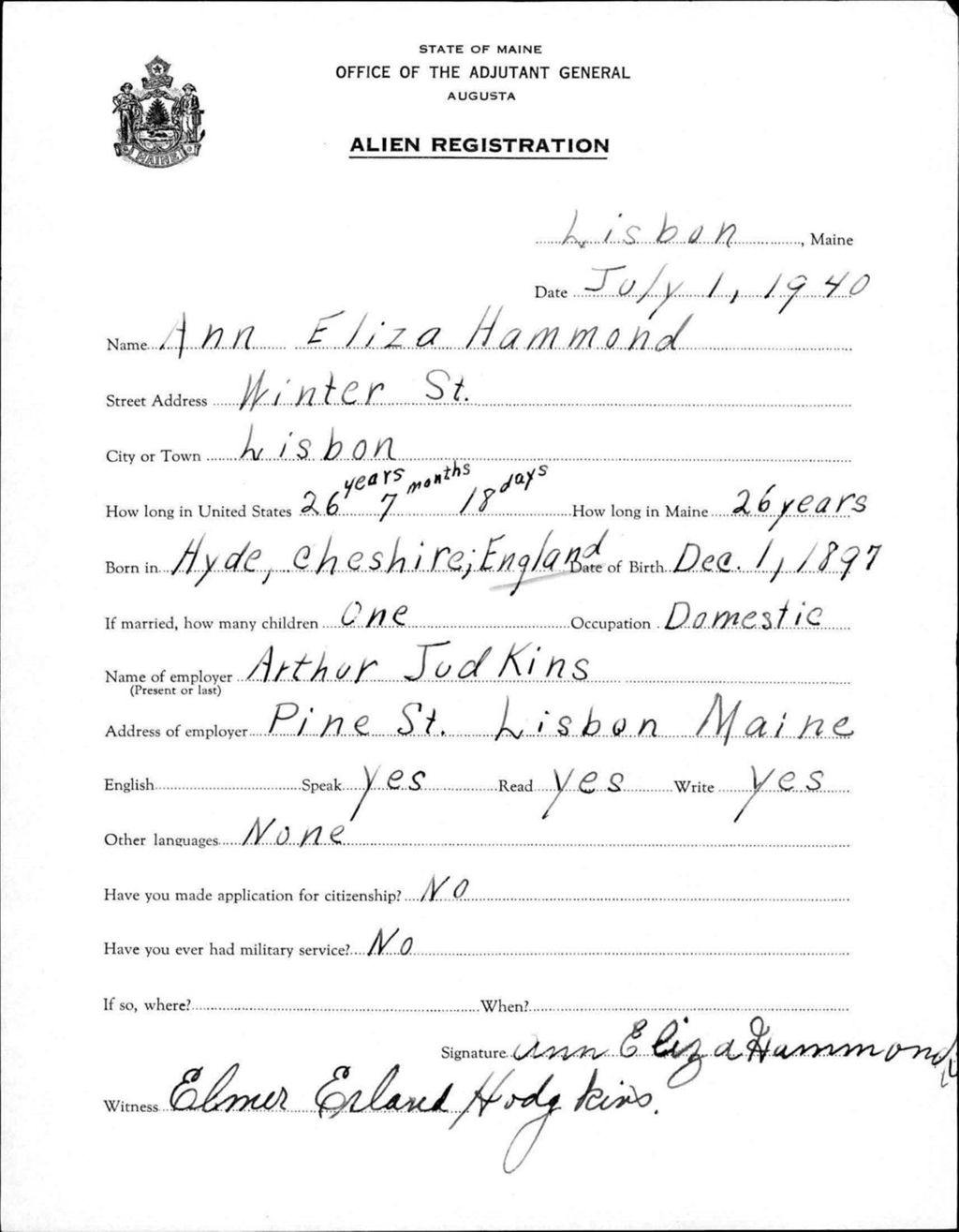 Miniature of Alien Registration- Hammond, Ann E. (Lewiston, Androscoggin County)