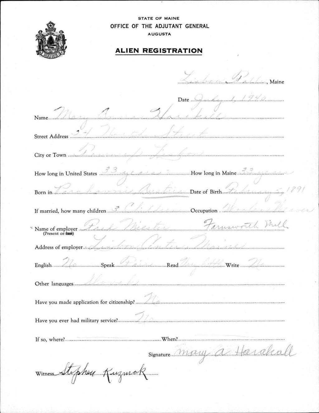 Miniature of Alien Registration- Harakall, Mary A. (Lewiston, Androscoggin County)