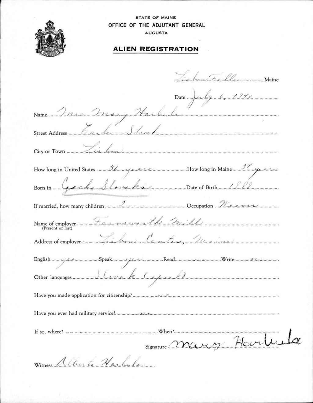 Miniature of Alien Registration- Harbula, Mary (Lewiston, Androscoggin County)