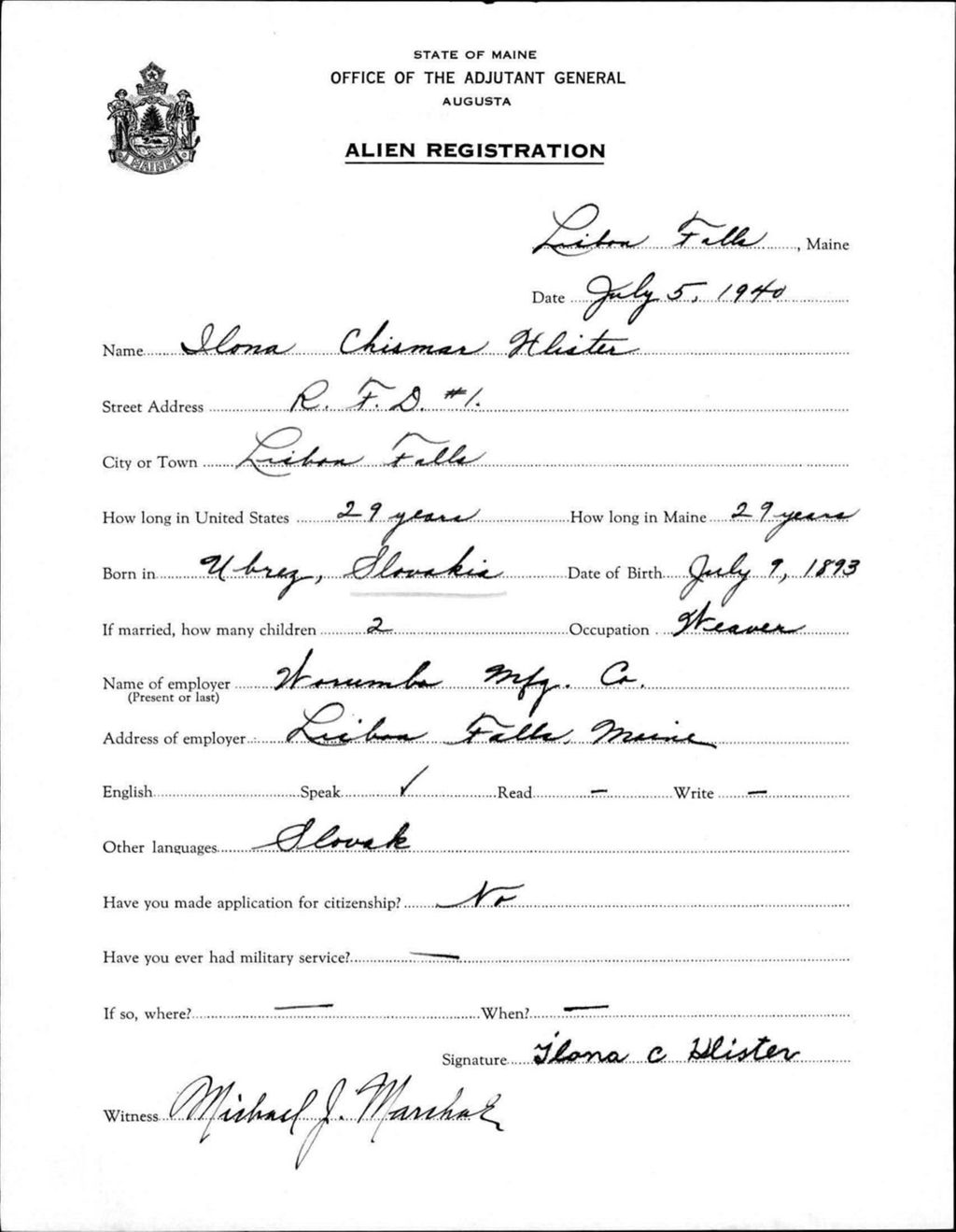 Miniature of Alien Registration- Hlister, Ilona C. (Lewiston, Androscoggin County)
