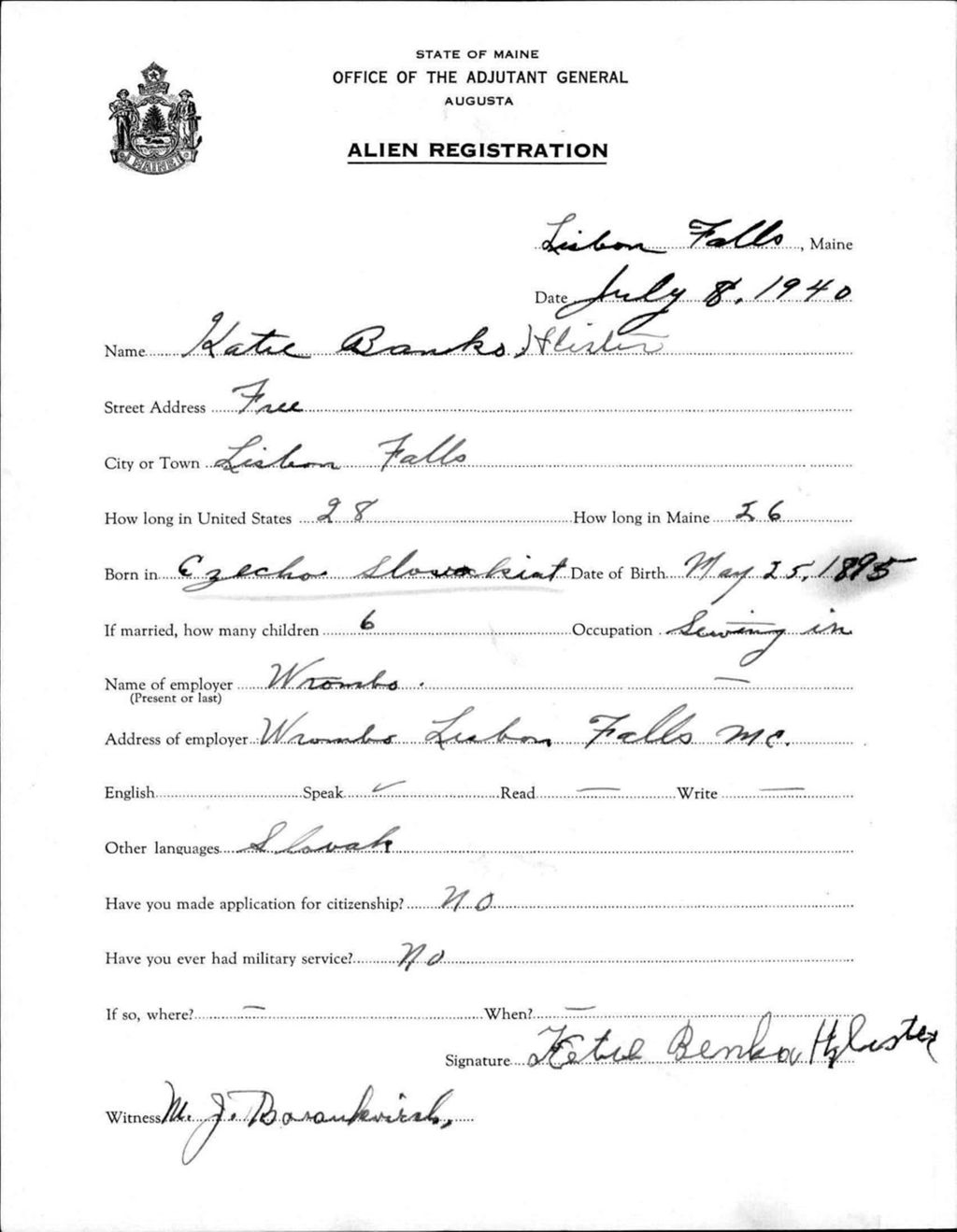Miniature of Alien Registration- Banks, Katie (Lewiston, Androscoggin County)