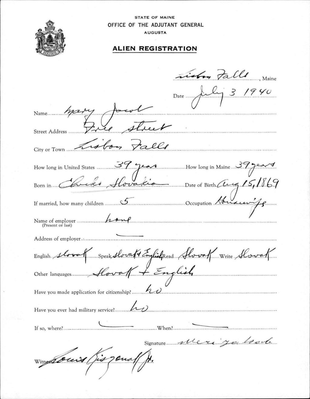 Miniature of Alien Registration- Jacob, Mary (Lewiston, Androscoggin County)