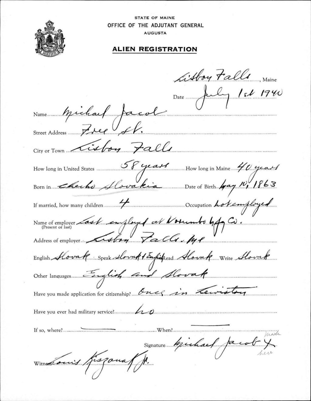 Miniature of Alien Registration- Jacob, Michael (Lewiston, Androscoggin County)