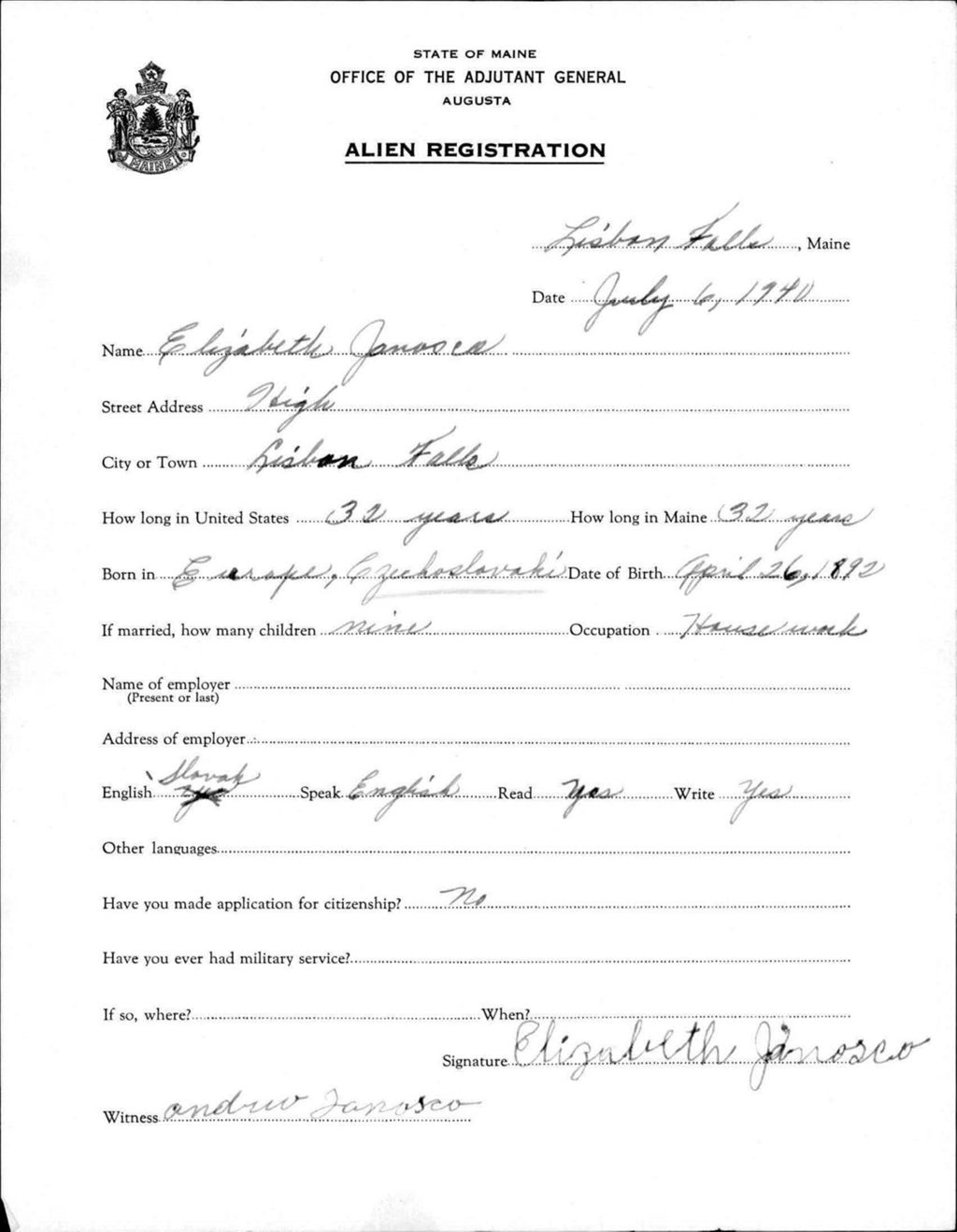Miniature of Alien Registration- Janosco, Elizabeth (Lewiston, Androscoggin County)